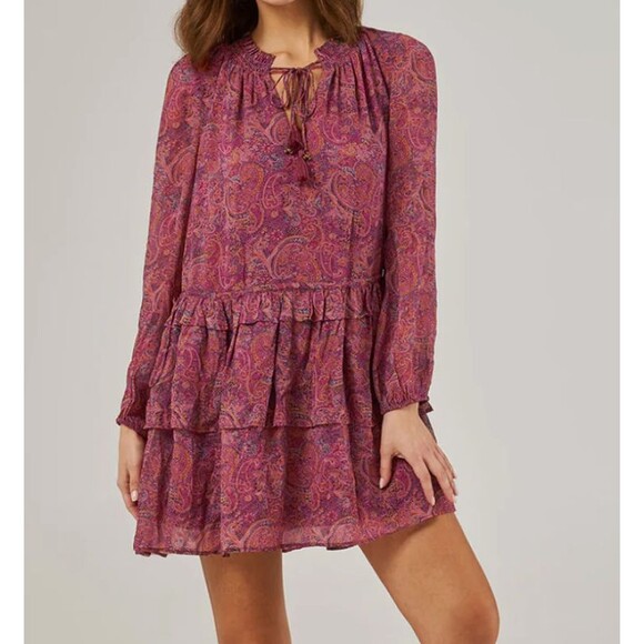 NWT Frye Green Botanical Floral Dress Sz S Peasant Ruffles Tiered Tassles Boho * - Picture 12 of 12